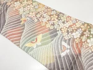 荒波に蝶・梅模様織り出し　振袖用袋帯